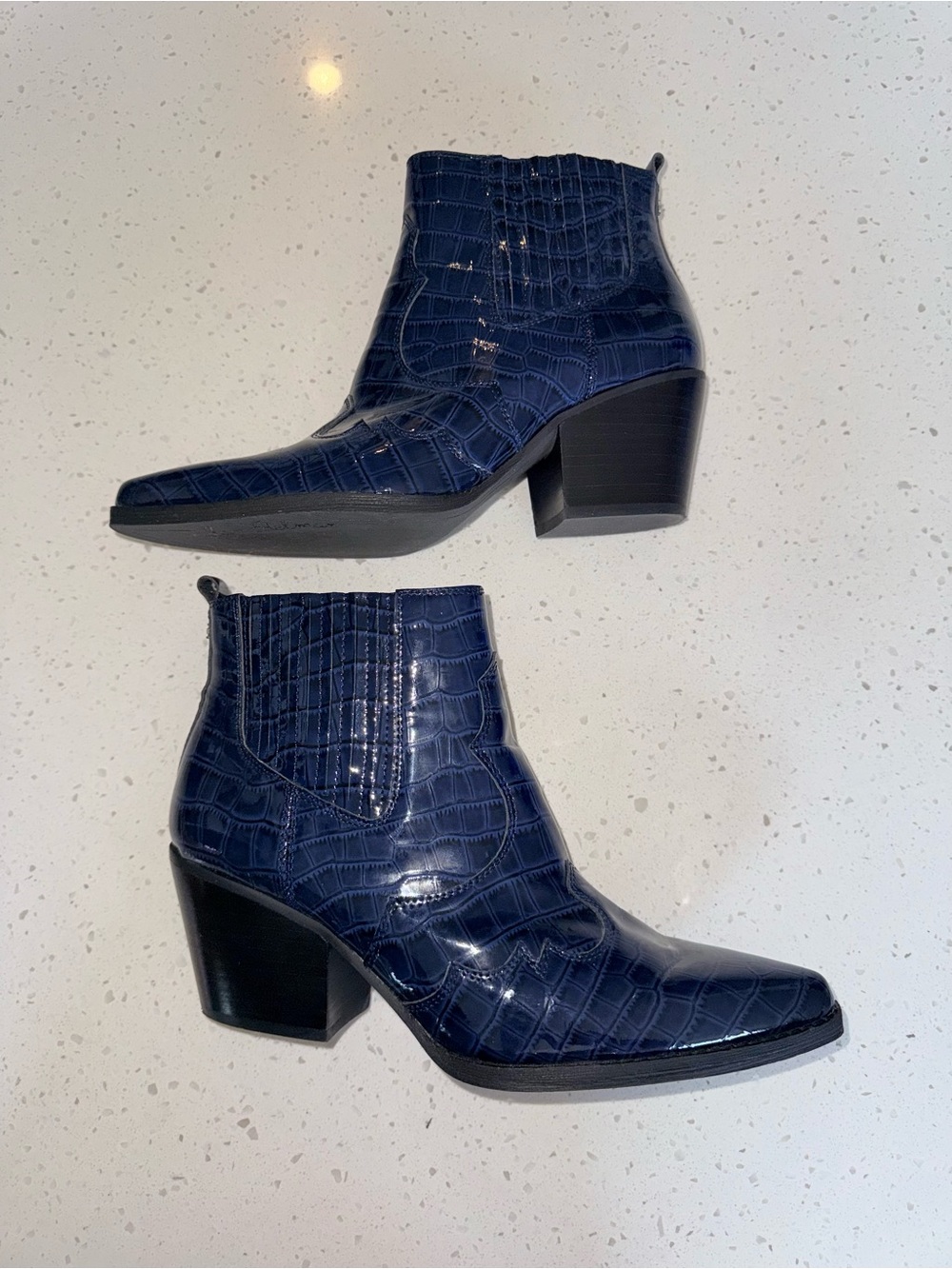 Sam Edelman Navy Croc-Embossed Patent Ankle Booties - Picture 14 of 14